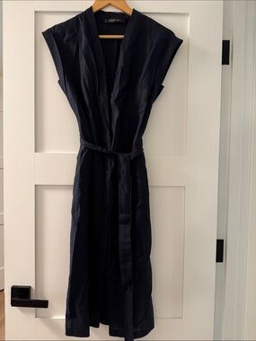 100% linen navy blue midi dress